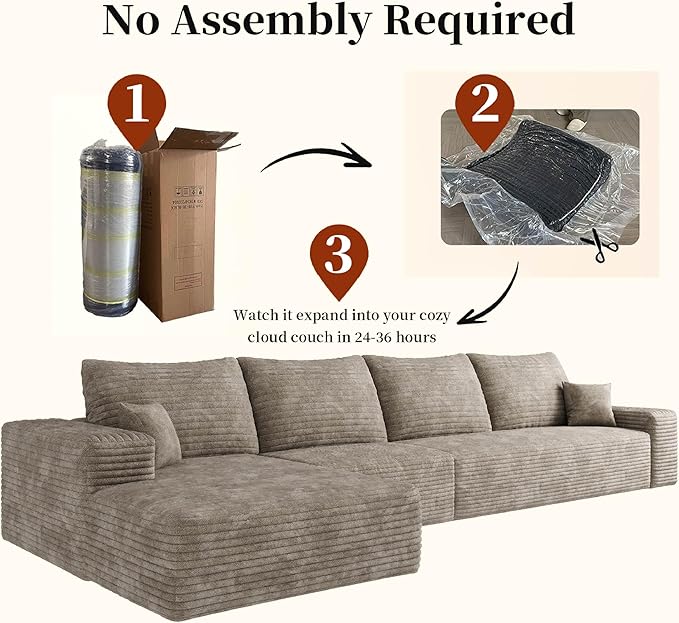 135.4'' Oversized Cloud Sofa Sectional Couch, Boneless Couch with L-Shape Chaise, Upholstered Compression Modular Sectional Sofa for Living Room, No Assembly Required (Camel, Left Facing Chaise)