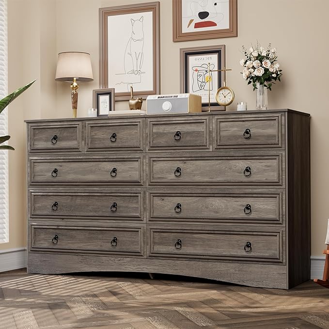 10 Drawers Dresser for Bedroom, 55.2 Inch Wide Large Dressers & Chests of Drawers, TV Stand for 65 inch, Storage Organizer Furniture, Hallway, Entryway, Closet, Brownish Grey