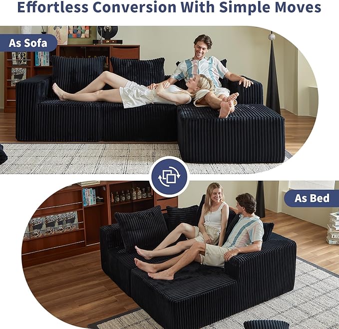 102" Cloud Couch for Living Room,Boneless Couch with Oversized Chaise,Deep Seat Sofa with 5-Pillows for Bedroom,Corduroy Sofa in A Box,Black