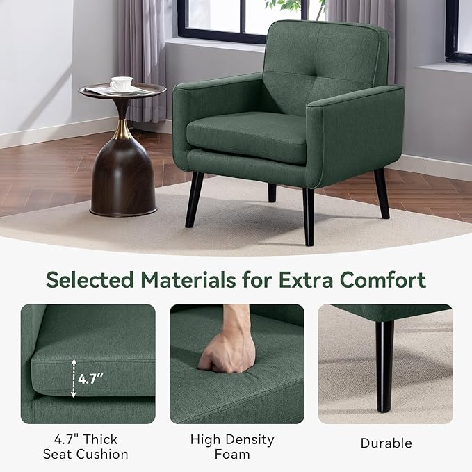 Mid Century Accent Chair, Fabric Modern Chair with Wooden Frame, Cozy Armchair Reading Chair with Comfy Back for Apartment, Living Room, Bedroom, Waiting Room, Small Space, Corner, Green