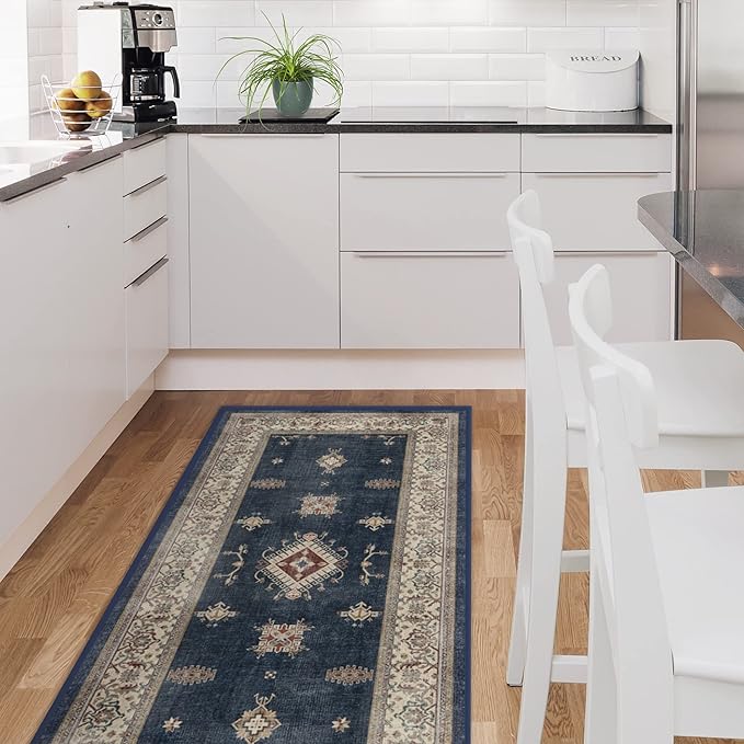 RUGGABLE Washable Vintage Area Rug – Verena Sapphire 10x14, Stain-Resistant, Non-Slip – Large Machine Washable Rugs for Living Room, Bedroom, Hallway, Entryway & Office–with Standard Pad