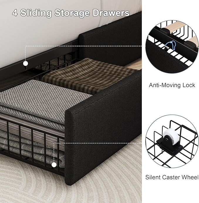 King Size Upholstered Platform Bed Frame with 4 Storage Drawers and Charging Station, Linen Button Tufted Wingback Headboard, Sturdy Wooden Support Slats, No Box Spring Needed, Black