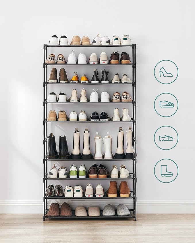 SONGMICS Shoe Rack, 10-Tier Shoe Storage Organizer, Space-Saving, 11 x 32.7 x 62.6 Inches, Entryway, Metal Frame, Non-Woven Fabric Shelves, Ink Black ULSH210B02