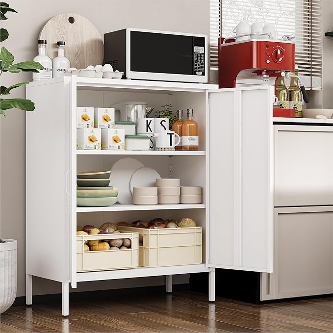 Metal Cabinet with 2 Doors and 4 Shelves，39.96" Tall Steel Office Cabinet,Bathroom Floor Locker，for Office,Home,Garage,Gym,School (White)