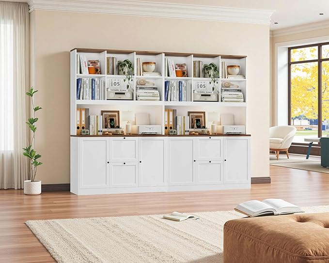 HIFIT 72'' Tall File Bookcase with Power Outlet & Printer Stand, 2 Drawer Filing Cabinets for Home Office Fit Hanging A4 File, Storage Cabinet w/ 3 Tier Open Book Shelf & Doors for Living Room, White