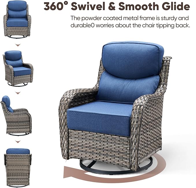Swivel Patio Chairs sofa Set of 9 with 6" Thick Cushion - Wicker Outdoor Swivel Rocker Patio Chair ,Sofa/Glass coffee table, High Back Comfortable Outdoor Glider Chairs - Gery Wicker | Blue Cushions
