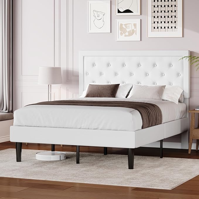 Allewie Full Size Velvet Upholstered Bed Frame with Adjustable Headboard, Diamond Tufted Design, Wood Slat Support, Noise-Free EVA Strip, Easy Assembly, White