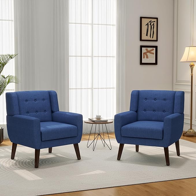 Accent Chair, Mid-Century Modern Fabric Chairs with Arms for Living Room, Comfy Upholstered Club Single Sofa Armchair for Bedroom Waiting Room with Solid Wood Frame (Fabric Navy Blue, Set of 1)