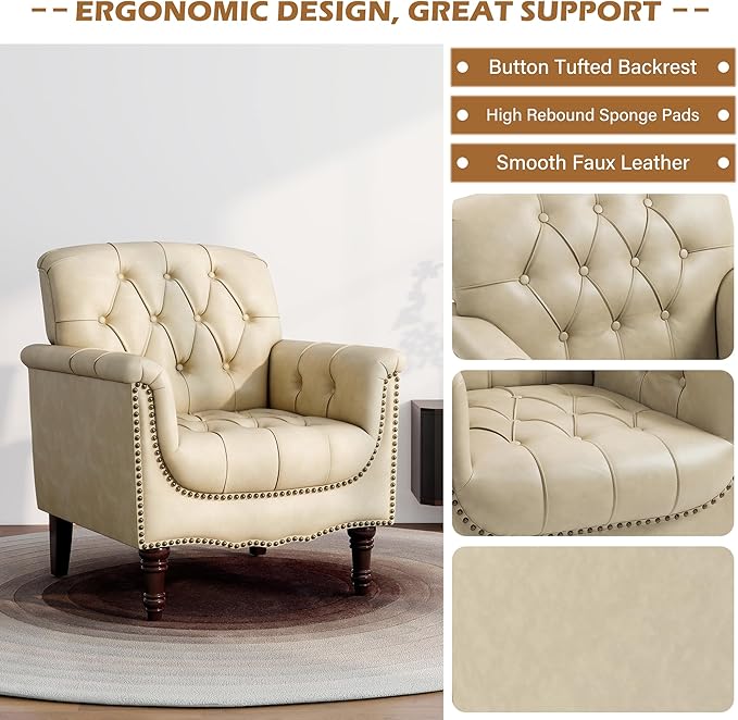 UIXE Faux Leather Accent Chair, Upholstered Armchair for Living Room, Retro Button Tufted Club Arm Chair Single Sofa Bedroom Side Reading Seating with Solid Wood Legs - Beige