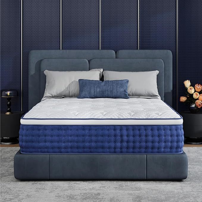 Queen Size Mattress, 10 Inch Queen Size Hybrid Mattresses in a Box, Medium Feel Foam and Individual Pocket Springs, Fiberglass Free Bed Mattress, Extra Edge Support, Pressure Relief, CertiPUR-US, Blue