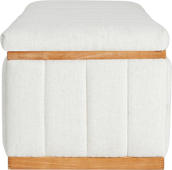 Christopher Knight Home Kira Living Room Ottoman with Storage, Linen Upholstered Storage Ottoman Bench with Channel-Tufted Design, Wood Frame Sofa Foot Stool, Bedroom End of Bed Bench, Beige