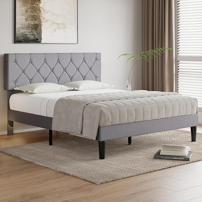 VECELO Full Bed Frame with Headboard, Upholstered Platform Bedframe with Wooden Slat Support, Button Tufted Design, No Box Spring Needed, Linen Grey