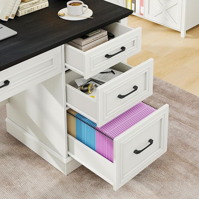 Vabches Farmhouse 47" Executive Desk, Computer Desk with Drawers and File Drawer, Workstation Computer Desk with Charging Station for Home Office, Study,Black.