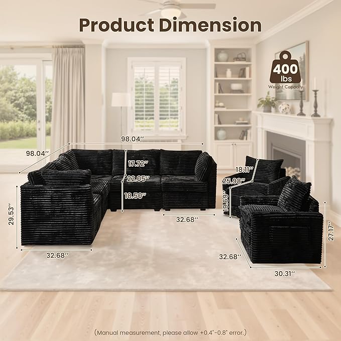 98" Modular Sofa with Swivel Chairs, Modern L Shape Cloud Sectional Couch Plush Corduroy 5 Seater Deep Seat Sofas Set & Accent Armchair Set of 2 for Living Room, Black