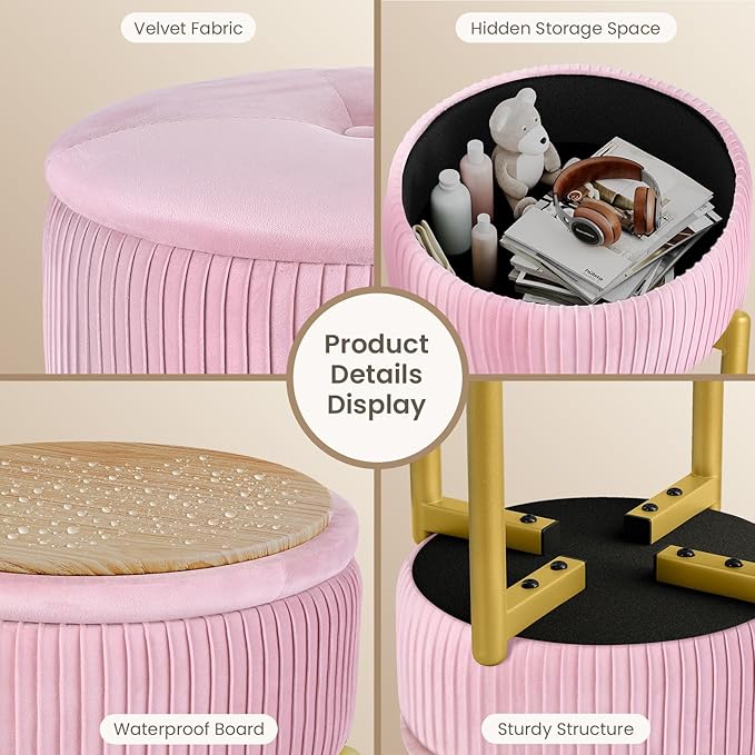 18-Inch Velvet Vanity Stool Chair with Storage, Vanity Bench with 4 Golden Metal Legs & Anti-Slip Adjustable Feet,Round Storage Ottoman Stool with Removable Soft Padded Seat, Pink