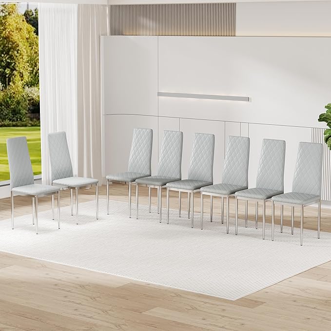JT Modern Minimalist Dining Chair Fireproof Leather Sprayed Metal Pipe Diamond Grid Pattern Restaurant Home Conference Chair Set of 4 Or 6 (8, Grey)