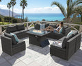 NICESOUL 9 Piece Modern Outdoor Furniture Set with Fire Pit Table, 8 Seat L-Shaped Extra Large Sectional Sofa Sets, 29.3'' High Back Comfy Modular Wicker Conversations, Natural Gas & Propane, Grey