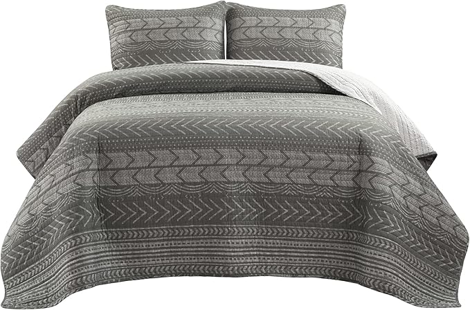 Lush Decor Hygge Geo Pattern Striped 3 Piece Quilt Bedding Set, King, Charcoal