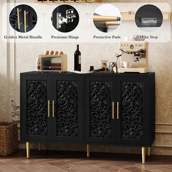 ARTPOWER 47.8" Accent Cabinet with 4 Doors, Vintage Hollow Carving Buffet Cabinet, Sideboards and Buffets with Storage, Credenza for Living Room, Kitchen, Dining Room, Entryway, Hallway, Black