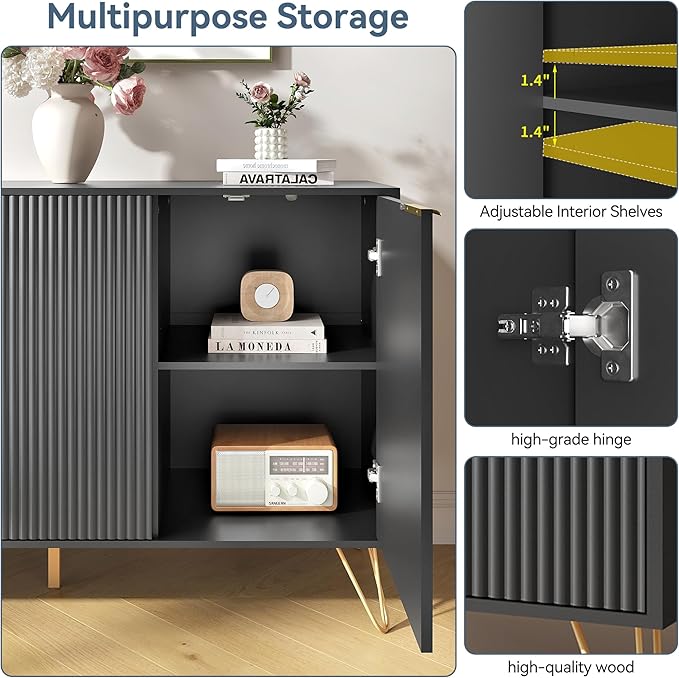 Storage Cabinet Set of 2, Black Fluted Cabinet with Adjustable Shelves, Modern Coffee Bar for Kitchen, Living Room and Office