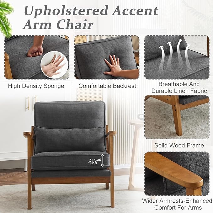 VINGLI Solid Wood Wide Armrests Accent Chair,Upholstered Mid Century Modern Chair with Pillow,Comfy Reading Chair Farmhouse Arm Chair,Chairs Living Room,Bedroom,Guest Room,Linen Fabric,Dark Grey