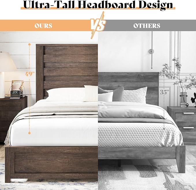 AMERLIFE Farmhouse Queen Size Bed Frame with 49" Fluted Headboard, Wood Platform Bed with Natural Grain, No Box Spring Needed, Noise Free, Grey