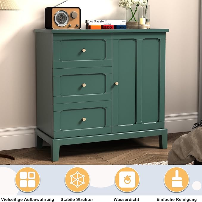 HLR Accent Cabinet with 3 Drawers and Door, Wooden Storage Cabinet with Shelves, Sideboard for Living Room, Entryway, Green
