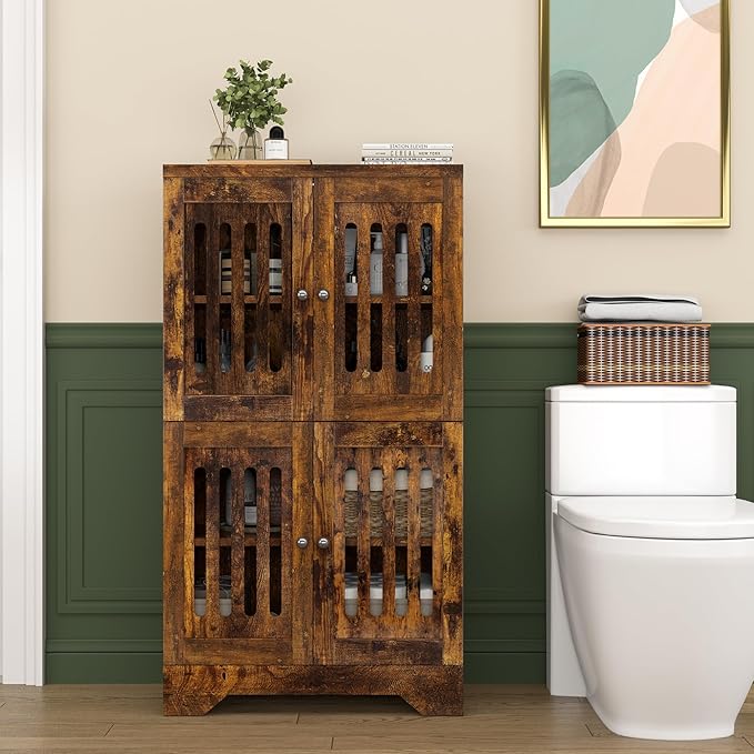 PARTPHONER Bathroom Floor Storage Cabinet with Cabinet Lights, Modern Storage Cabinet with 4 Doors and Adjustable Shelves, Buffer Hinges, Brown Pantry Cabinet for Living Room & Kitchen