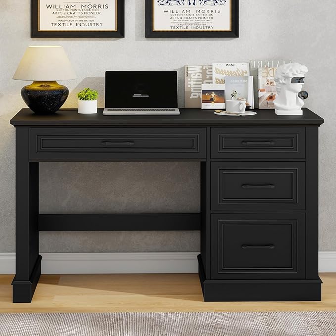 Vabches Farmhouse 47" Executive Desk, Computer Desk with Drawers and File Drawer, Workstation Computer Desk with Charging Station for Home Office, Study,Pure Black.