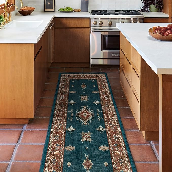 RUGGABLE Washable Vintage Area Rug – Verena Teal Blue 8 ft Round, Stain-Resistant, Non-Slip – Large Machine Washable Rugs for Living Room, Bedroom, Hallway, Entryway & Office–with Cushioned Pad