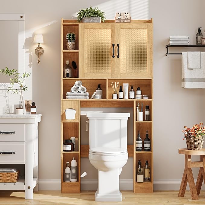 Vabches Farmhouse Style Rattan Over-The-Toilet Storage Cabinet with 2 Rattan Doors, Toilet Paper Holder - Space-Saving Oak Bathroom Organizer.
