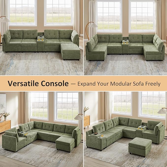 VANOMi 5 Seat Cloud Couches for Living Room with Ottoman, Convertible Modular Sectional Sofa Bed, Chenille Cloud Sofas & Couches for Apartment, Office, Olive Green, Sofa Bed