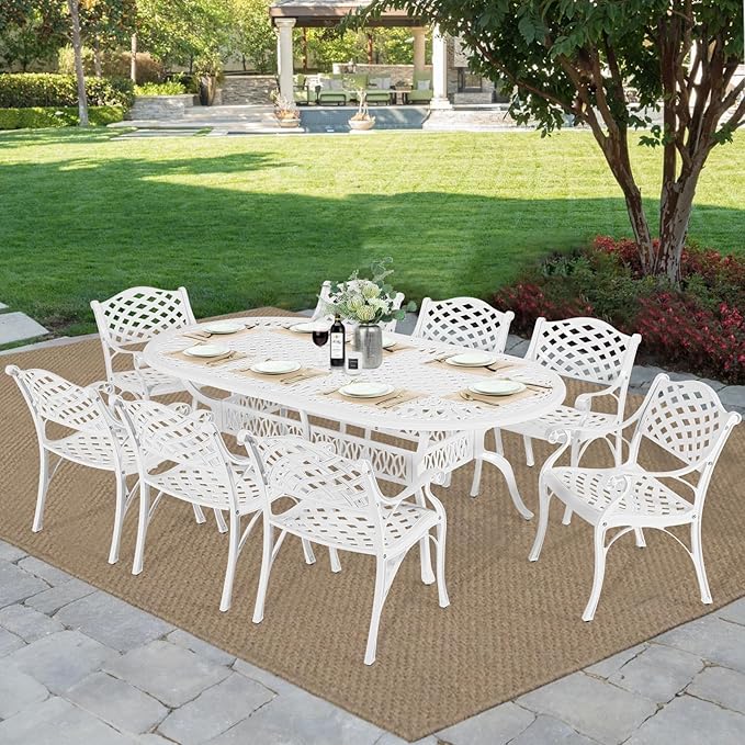 MEETWARM 9-Piece Outdoor Patio Dining Set, 8 Outdoor Dining Chairs and 1 Oval Table with 2" Umbrella Hole, All Weather Cast Aluminum Patio Funiture Set for Backyard, Garden, Patio,White