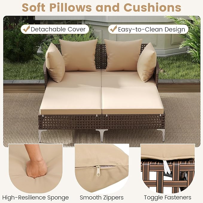 HAPPYGRILL Outdoor Patio Daybed PE Rattan Sunbed with Pillows and Cushions, Heavy-Duty Metal Frame, Outdoor Bed Lounger for Porch, Backyard and Poolside (Beige)