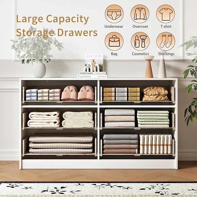 6 Drawers Fluted Dresser for Bedroom, 55" Wide Wooden Dresser with Deep Drawers, Large Floor Chest of Drawers, Modern Long TV Stand, Storage Cabinet Side Table, White