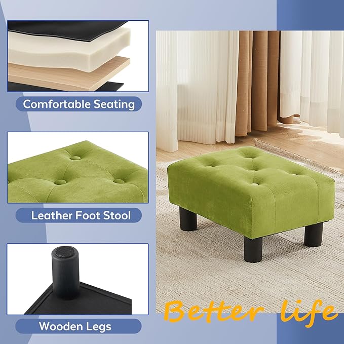 Small Foot Stool Ottoman, Velvet Footstool Ottoman Foot Rest for Couch, Rectangle Footstools and Ottomans Small for Living Room, Entryway (Olive Green)