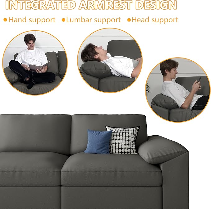 EASE MOOSE Loveseat Sofa for Living Room,Oversized Deep Seat Modular Sectional,Modern Comfy 2 Seater Sofas,Scratch Resistant Faux Leather Couch for Small Spaces,Grey