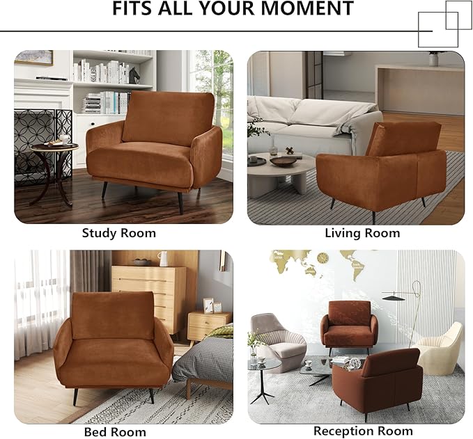 Oversized Accent Chair for Living Room Chairs Reading Arm Chair Comfy Modern Single Sofa Side Chairs with Metal Legs & Soft Cushion for Bedroom, Waiting Room (Velvet Reddish, Set of 1)
