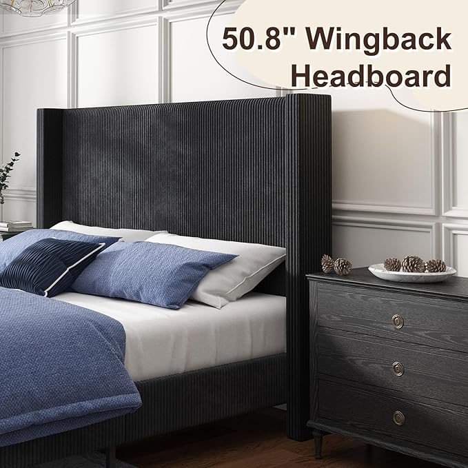 HOWE Queen Size Upholstered Bed Frame, Wingback Platform Bed with 50.8" Headboard, Corduroy/Solid Wood Leg/No Box Spring Needed/Noise Free/Black
