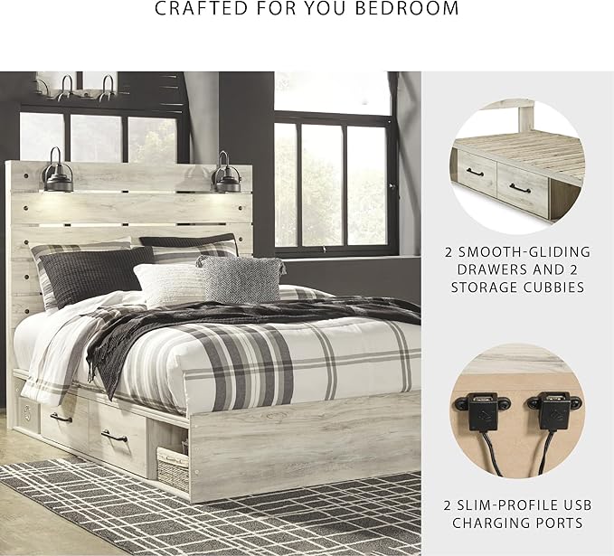 Signature Design by Ashley Cambeck Farmhouse Queen Panel Platform Bed with 2 Storage Drawers, Cubbies, Sconce Lights and USB Ports, Foundation or Box Spring Not Needed, Whitewash