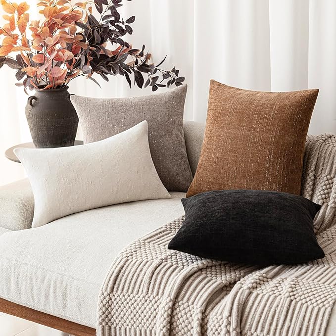 Foindtower Set of 2 Soft Textured Chenille Throw Decorative Pillow Covers Square Accent Solid Cushion Cover Cozy Neutral Farmhouse Pillow Case for Couch Sofa Bedroom Living Room 20x20 Inch,Light Taupe