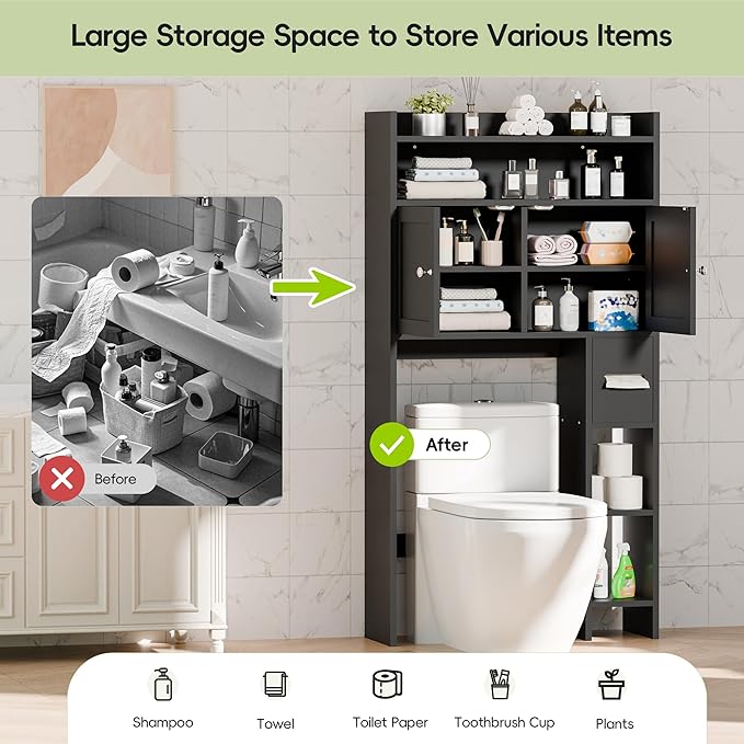 MU Over The Toilet Storage Cabinet with Doors, 32" Bathroom Storage Organizer with Side Shelves, Space-Saving Toilet Storage Rack for Bathroom, Laundry (Black)