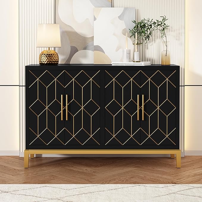 HLR Accent Cabinet with 4 Doors&Shelves, Sideboard Buffet Cabinet with Gold Trim, Modern Black Storage for Living Room, Entryway, Kitchen, Dining Room, Hallway