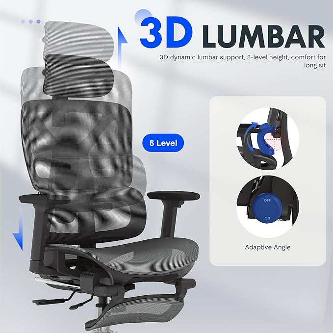FLEXISPOT ErgoX Premium Ergonomic Office Chair with Footrest- Adjustable 3D Armrests, Dynamic Lumbar Support, Recline & Tilt Function, Mesh Seat, for Home & Office Use,Dark Grey