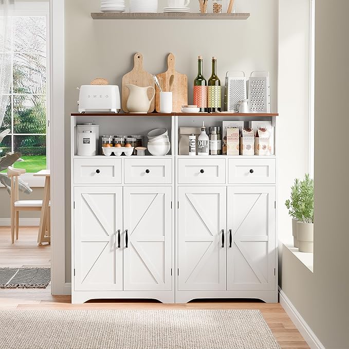 SUPER DEAL Farmhouse Storage Cabinet, Bathroom Floor Cabinet Kitchen Pantry with Doors and Drawers, Hutch Cupboard for Laundry, Living Room, Bedroom, White