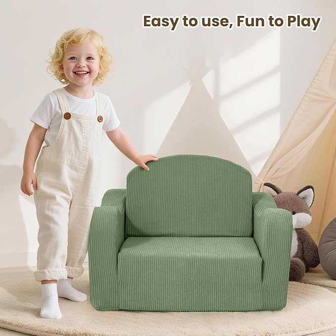 Comfy Toddler Chair for Kids, 2-in-1 Toddler Soft Plush Couch Fold Out, Convertible Kids Couch to Lounger, Baby Sofa for Boys and Girls, Green