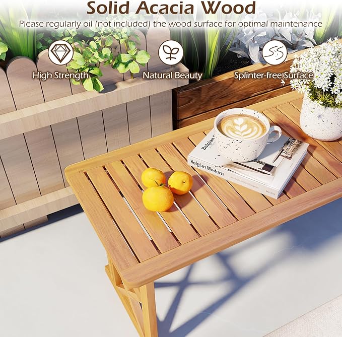Tangkula Outdoor Acacia Wood Bench, Backless Patio Dining Bench with Slatted Seat & 800 lbs Weight Capacity, Outside Loveseat Seating Furniture for Porch, Garden, Balcony & Backyard