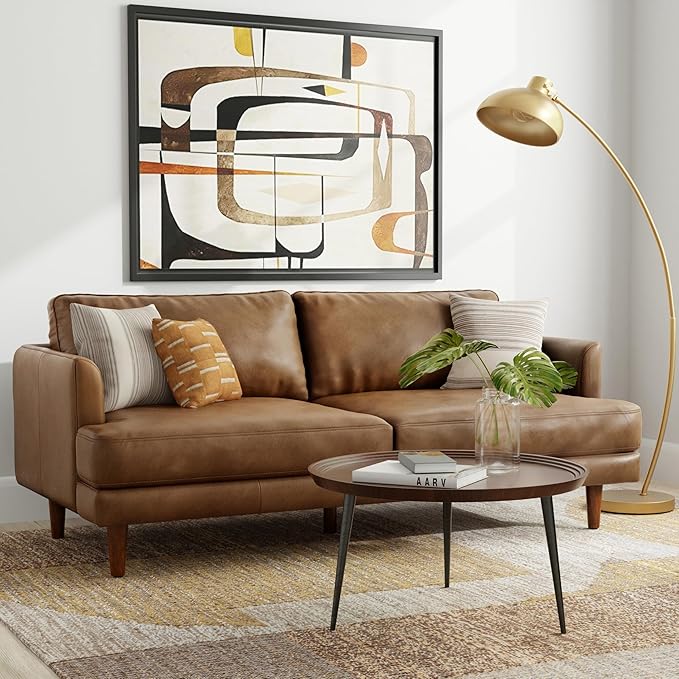 SIMPLIHOME Livingston 76-inch Wide Sofa in Caramel Brown Top Grain Genuine Leather, Handcrafted Mid-Century Modern Loveseat for Living Room, Compact 2-Seater with Feather-Wrapped Cushions