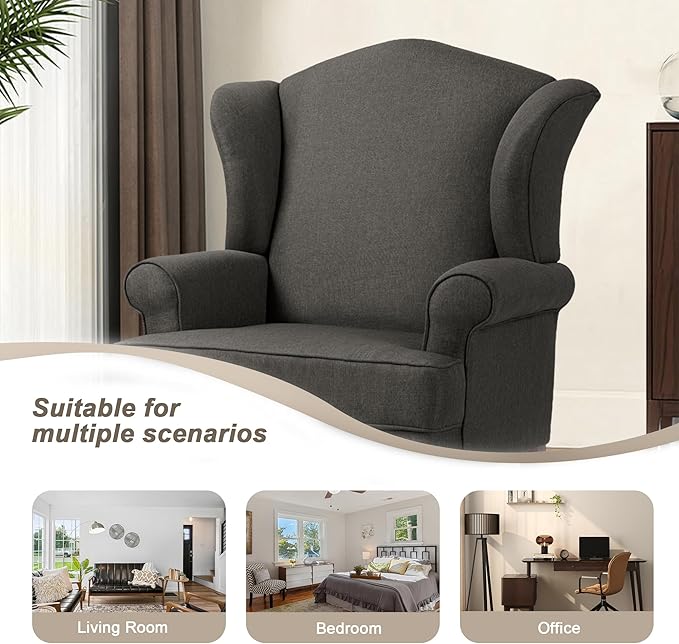Pia Ricco Set of 2 High Back Accent Chairs: Upholstered Fabric Armchairs with Solid Wood Legs - Retro Living Room Pair, Comfy Reading Sofa Seats-Charcoal Grey