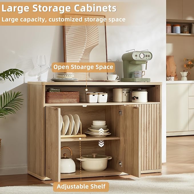 LEYAOYAO Buffet Cabinet with Storage, 45" Wide Fluted Accent Sideboard Credenza with 3 Doors & Open Storage Shelf, Modern Kitchen Wood Media Console Cabinet for Dining Room, Entryway, Natural Oak